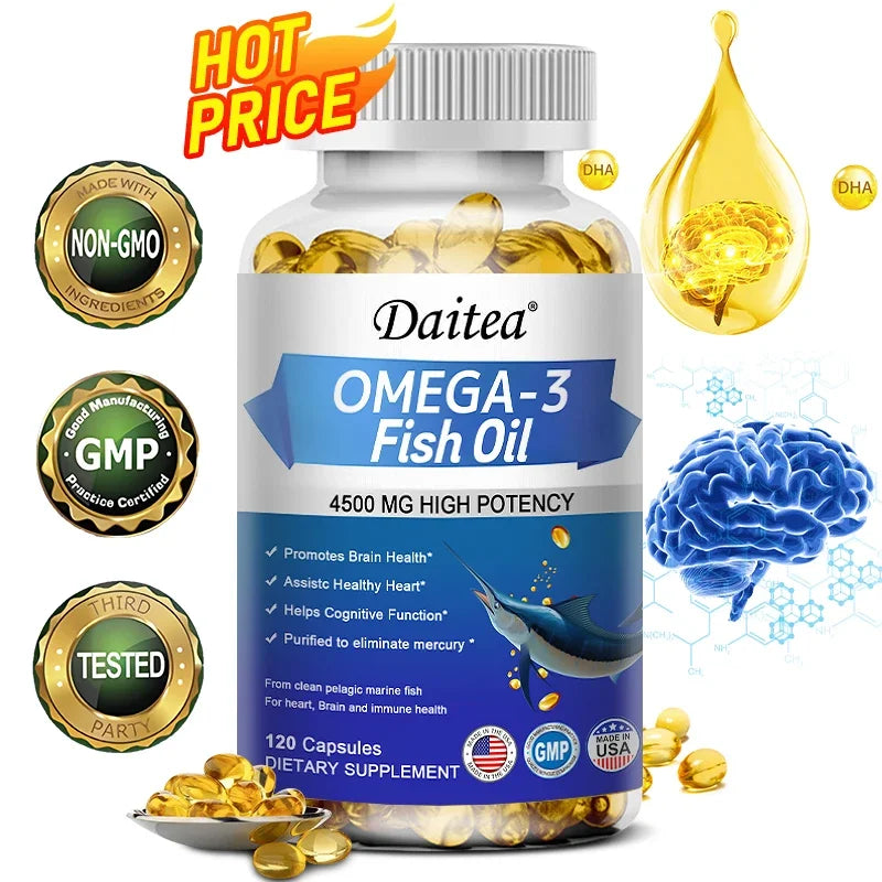 Daitea Fish Oil Omega-3 4500mg – Easy Swallow Capsules Fish Oil Supplement Qst