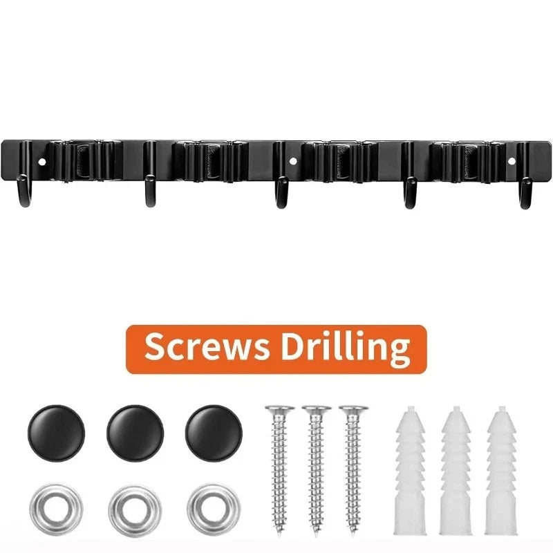 Heavy-Duty Metal Wall-Mounted Tool Rack – 4 Slots & 5 Hooks Wall Tool Rack Qme black