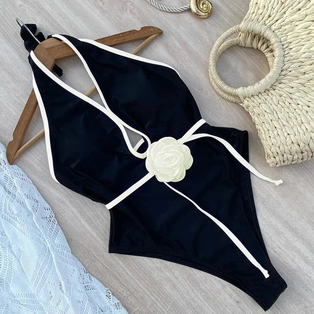 Floral Halter Bandage One-Piece Swimsuit – Women's Bathing Suit One-Piece Swimsuit Qme