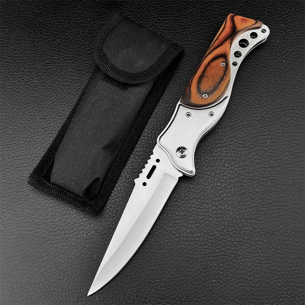 Tactical Folding Knife 440C Blade, Wood Handle & Nylon Sheath Tactical Folding Knife Qst United States Brown