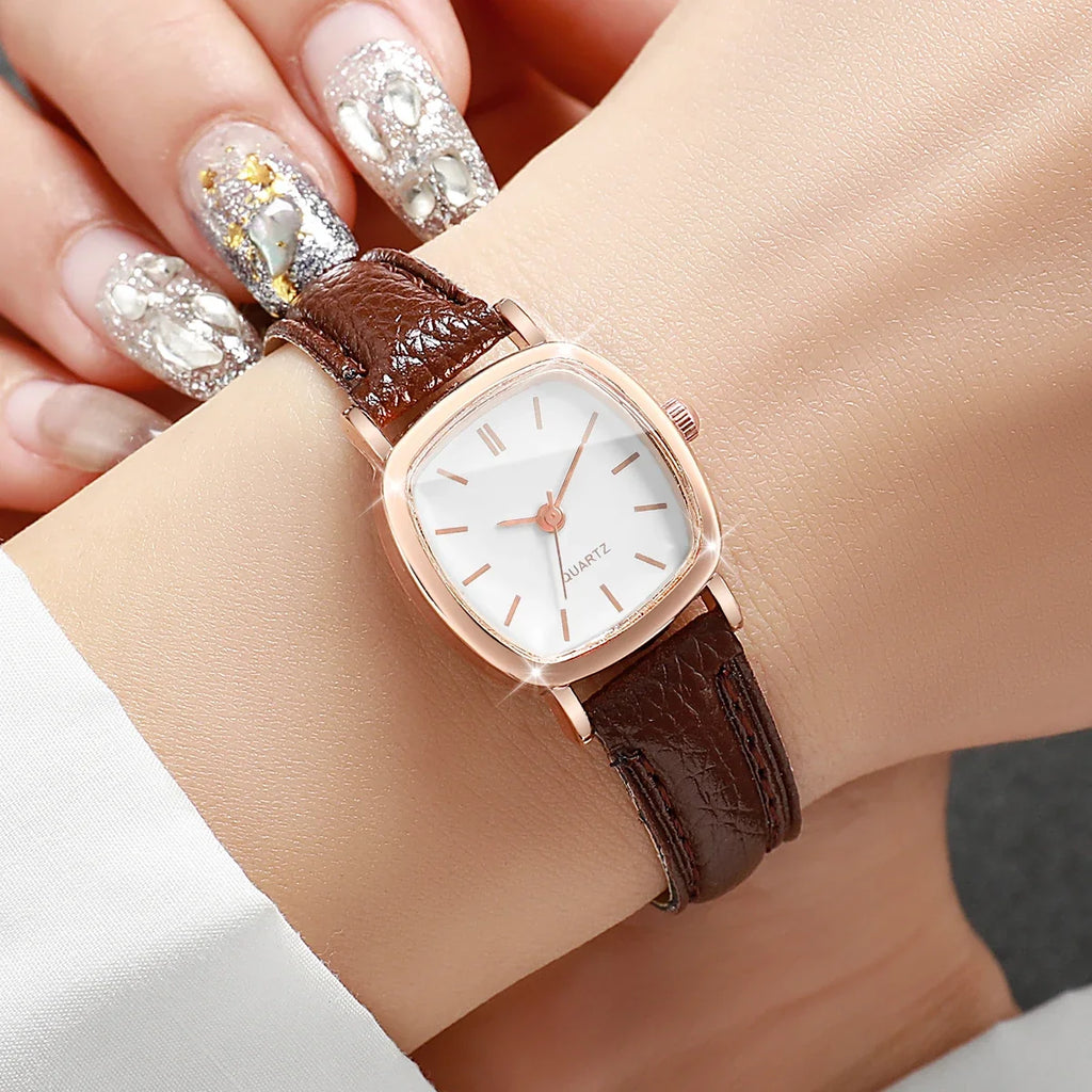 Women's Minimalist Square Quartz Watch – Rose Gold Brown Strap Women's Quartz Watch Qme
