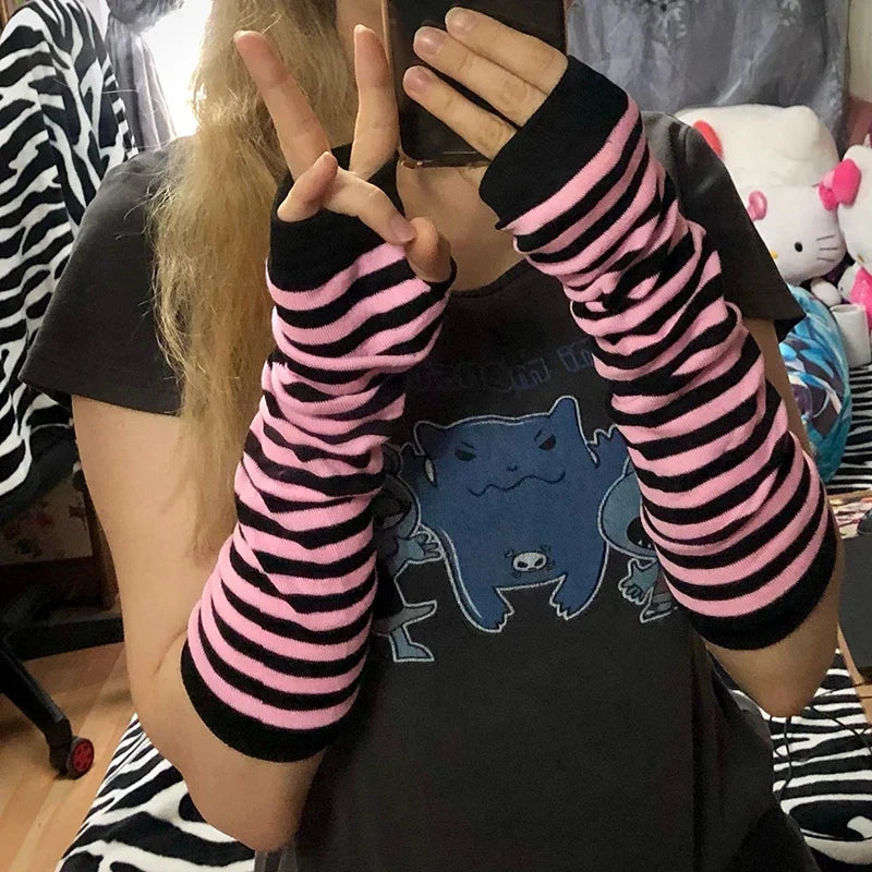 Women's Striped Knitted Elbow Gloves – Long Arm Warmers Knitted Arm Warmers Qme