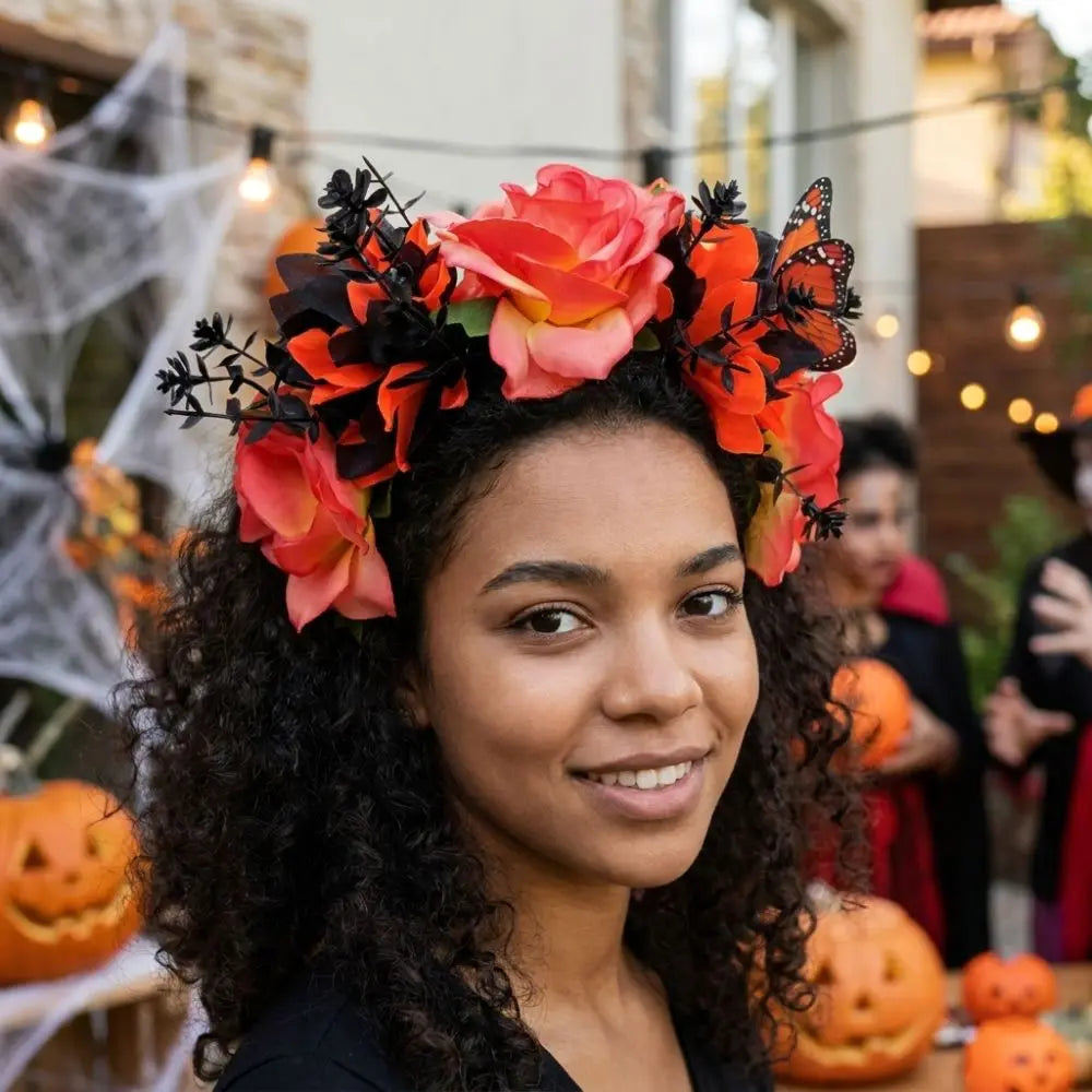 Gothic Rose Flower Crown with Butterfly – Halloween Headband Flower Crown Headband Qme
