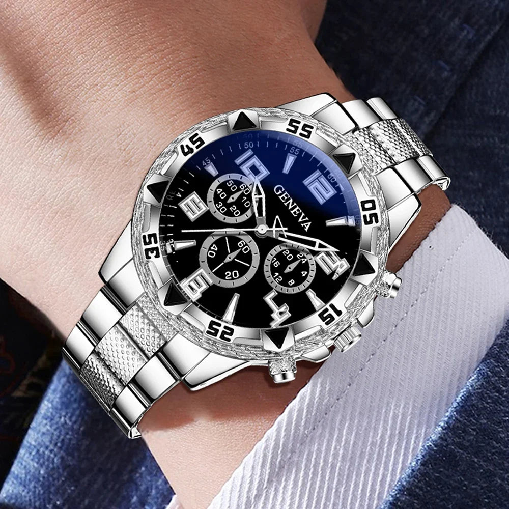Hip Hop Iced Rhinestone Geneva Watch & Bracelet Set for Men Watch & Bracelet Set Qme