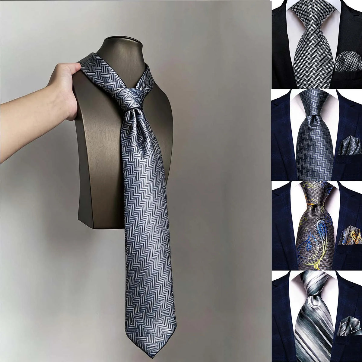 Grey Men's Necktie & Pocket Square Set – Formal Wedding Business Necktie & Pocket Square Set Qme