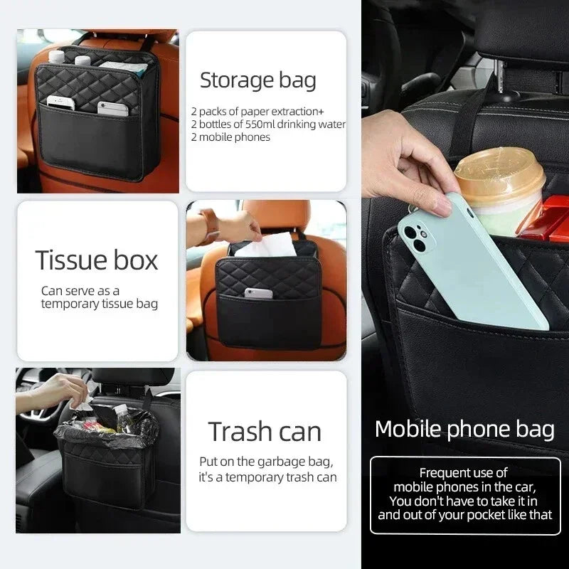 Leather Car Seat Back Organizer & Trash Can Holder Car Seat Organizer Qme