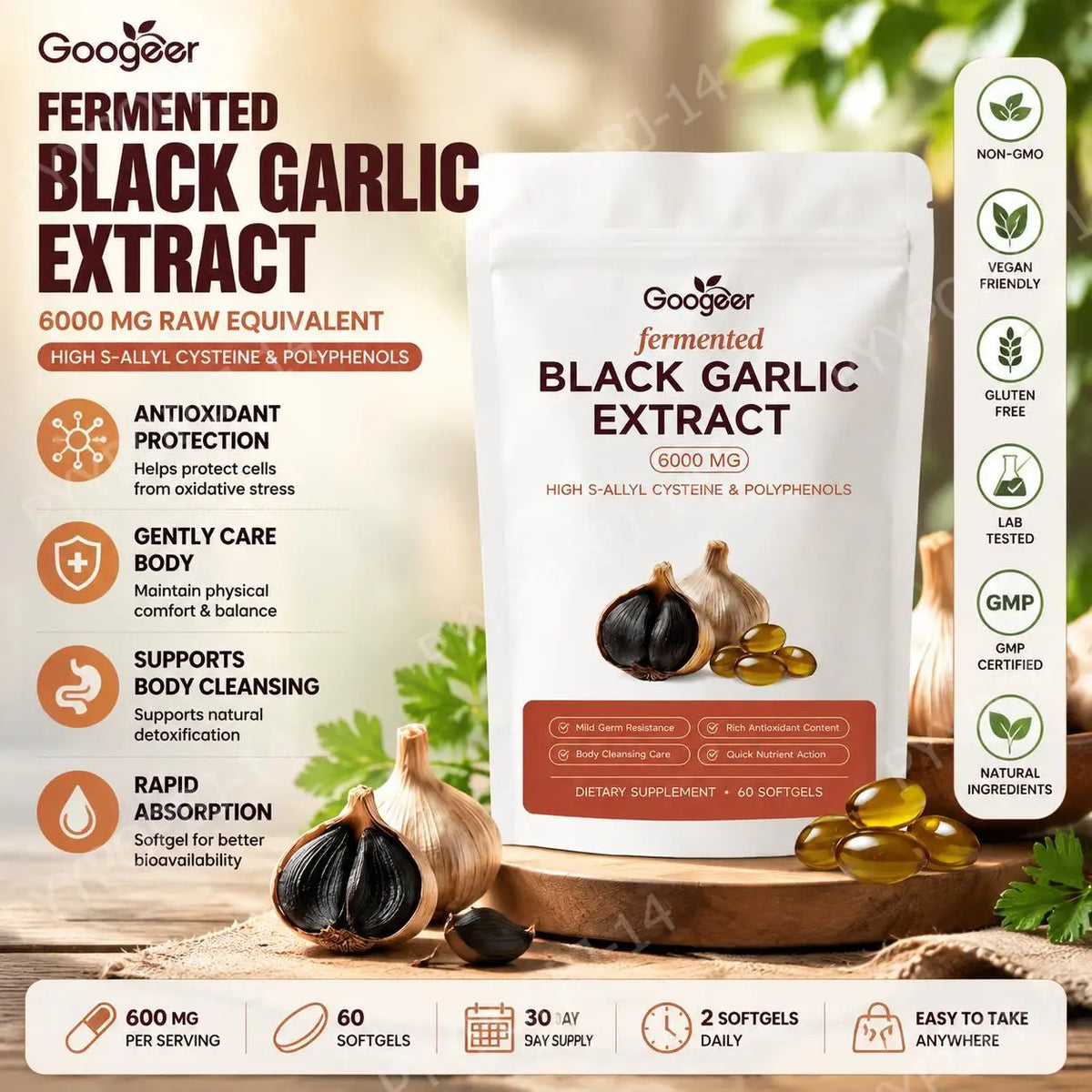 Fermented Black Garlic Extract Softgels – SAC & Polyphenols Herbal Supplement Qst