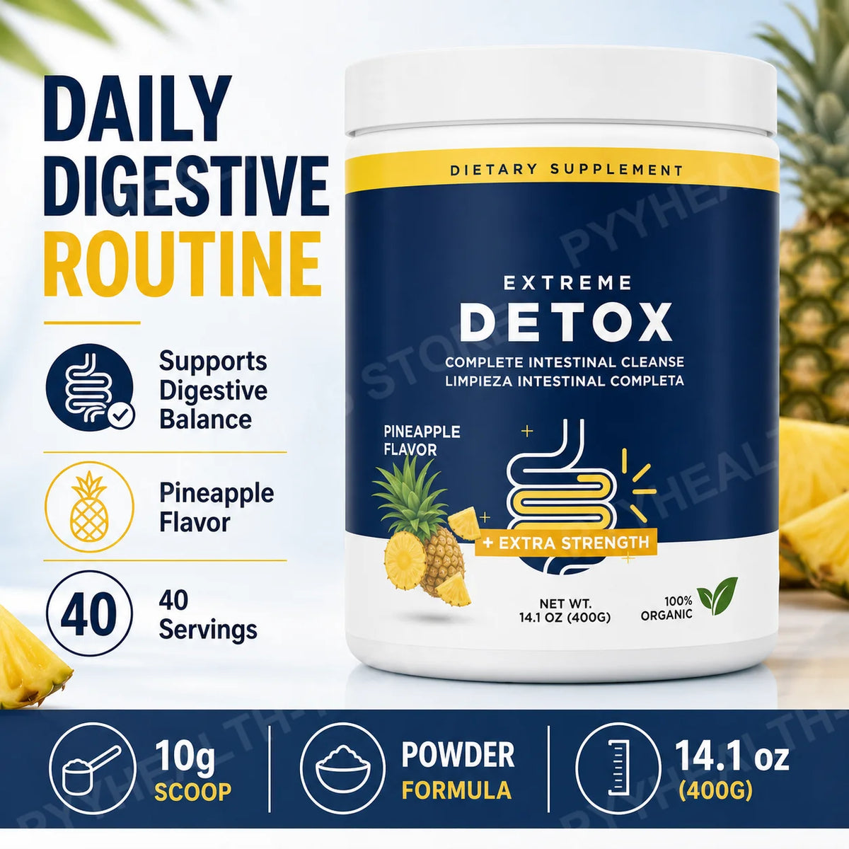 Pineapple Psyllium Fiber Powder Drink Mix – 400g, 40 Servings Fiber Supplement Powder Qst