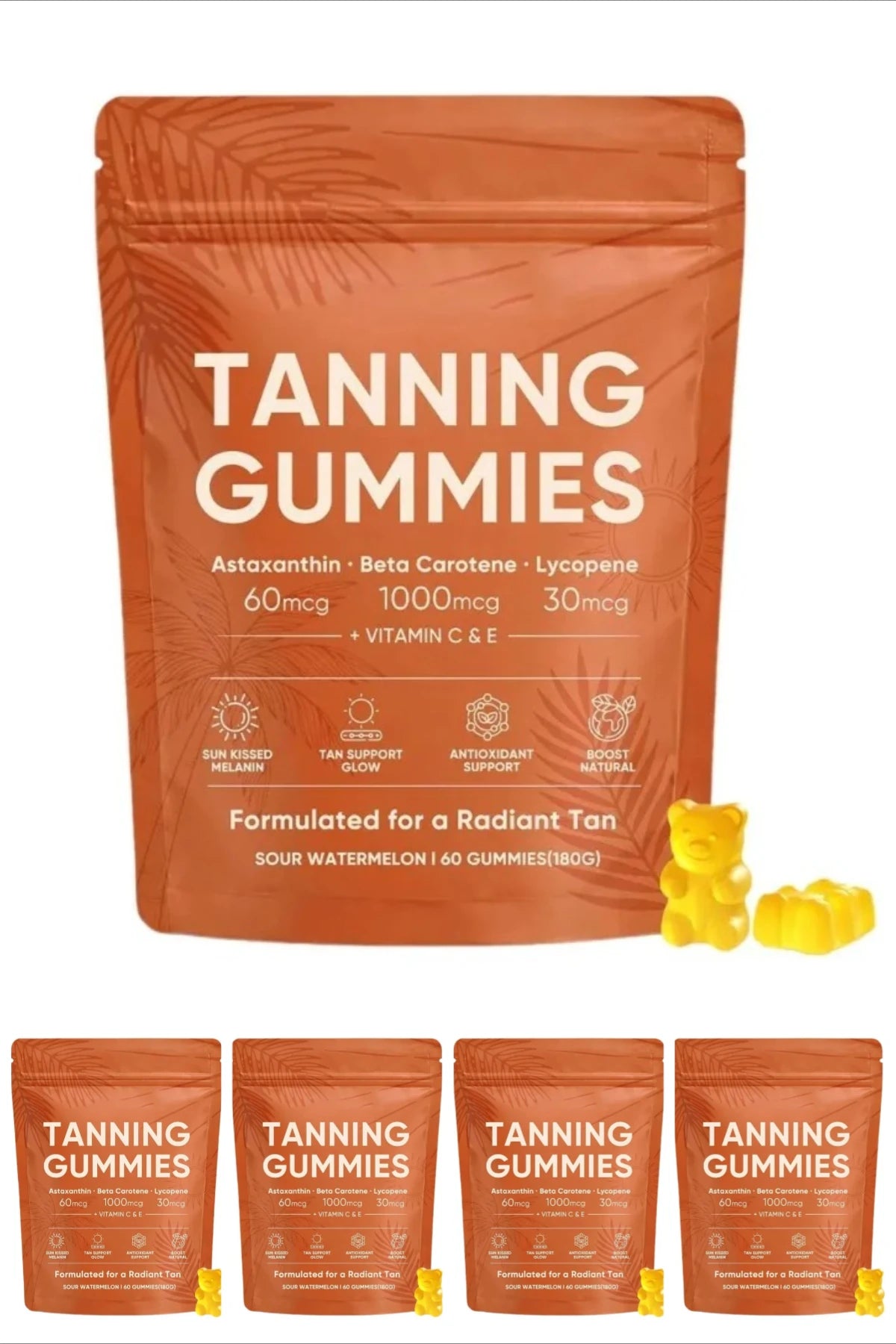 Tanning Gummies Sour Watermelon – 60ct Vegan Sugar-Free Tanning Supplement Gummies Qst 5 bags