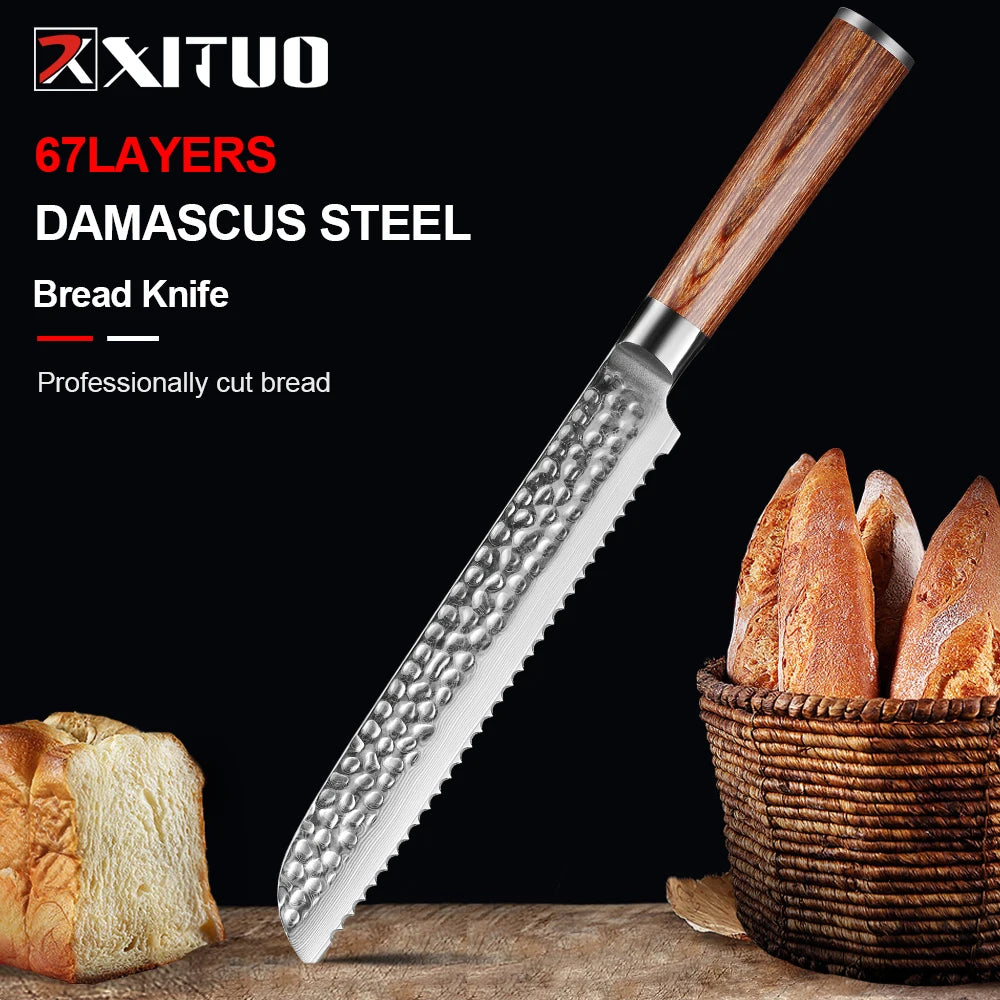 XITUO 8" Damascus Steel Serrated Bread Knife – Handcrafted Serrated Bread Knife Qst Bread Knife