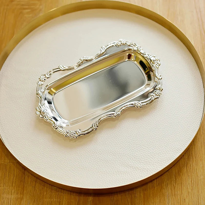 Vintage Embossed Metal Serving Tray – Dessert & Jewelry Organizer Decorative Serving Tray Qst