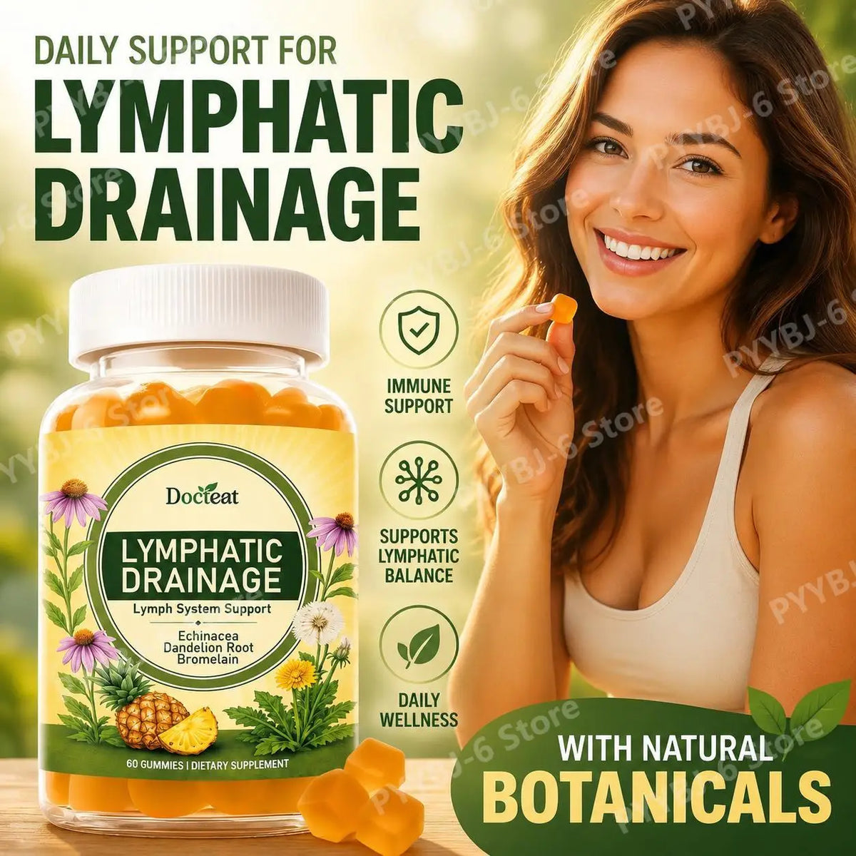 Docteat Lymphatic Gummies – Echinacea, Dandelion & Bromelain 60ct Herbal Supplement Gummies Qst