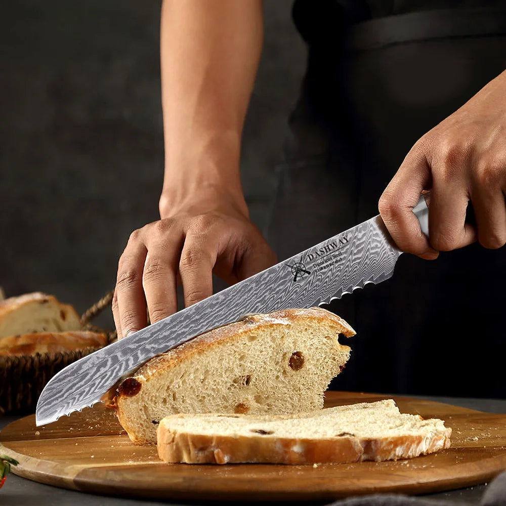 DASHWAY 7.5" Damascus Serrated Bread Knife – Pakkawood Handle Damascus Bread Knife Qst