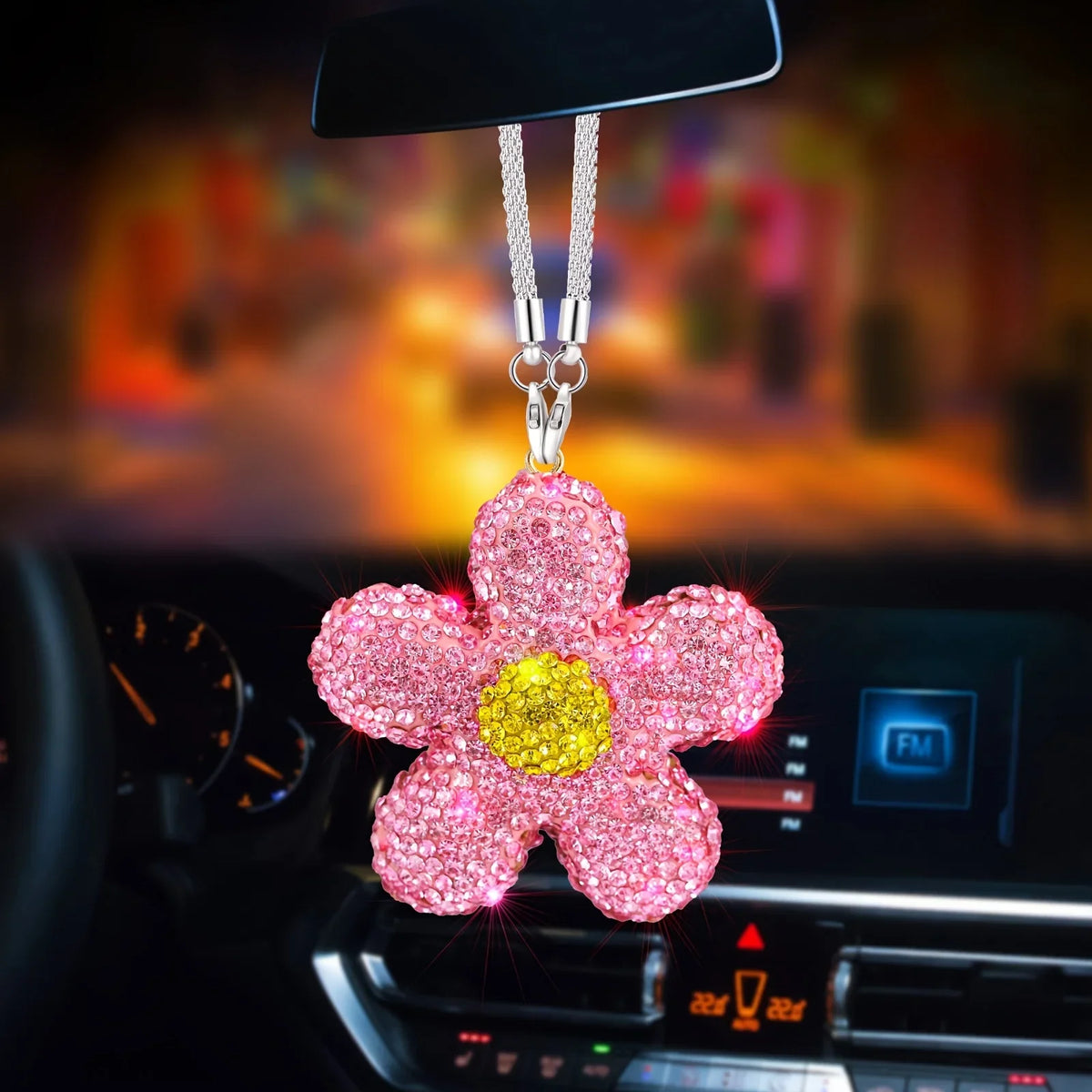 Rhinestone Daisy Car Mirror Hanging Charm | Resin Flower Pendant Car Mirror Charm Qme Pink 1pc