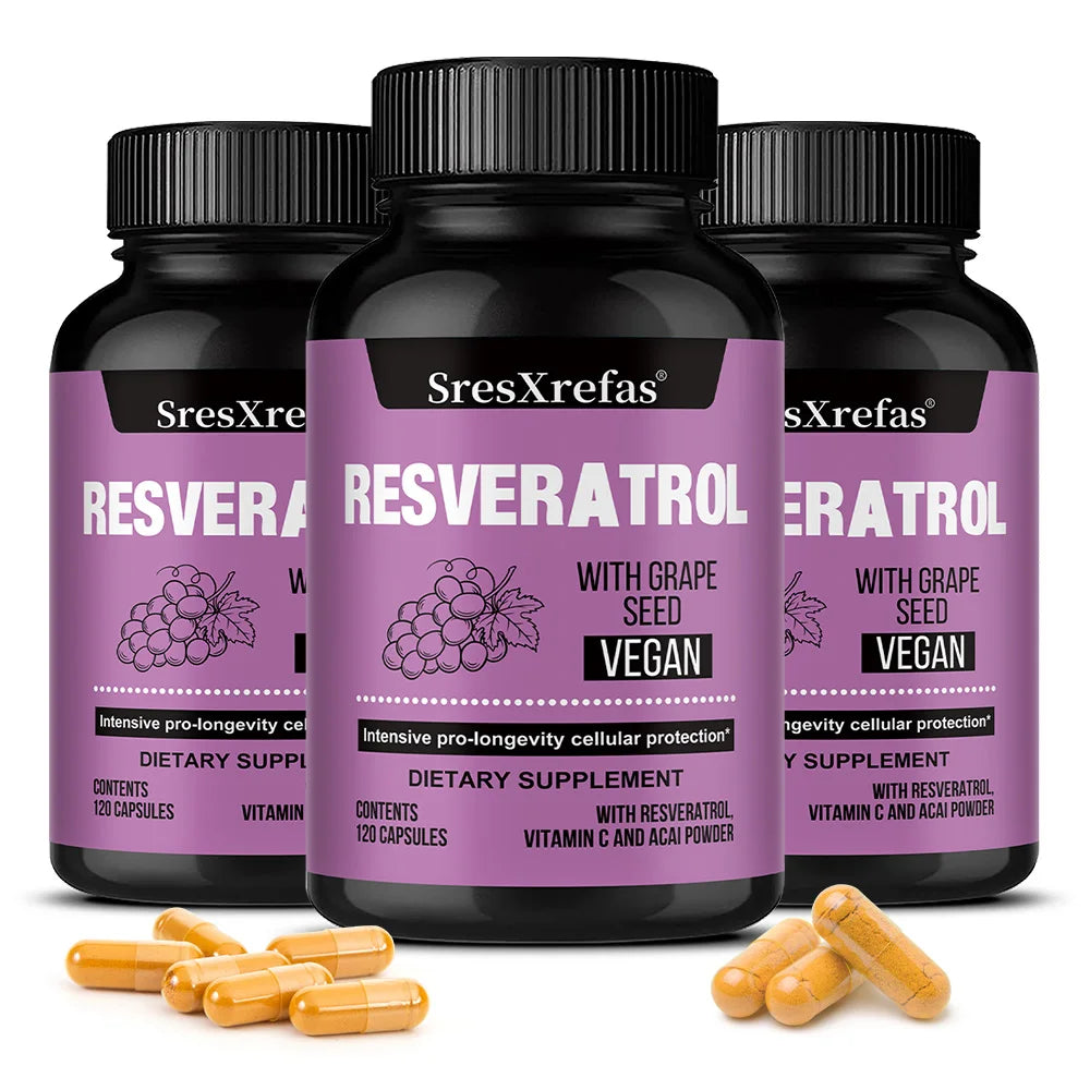 Resveratrol + Grape Seed Extract Vegan Capsules | Extra Strength Antioxidant Supplement Qst 120 count-3 bottle