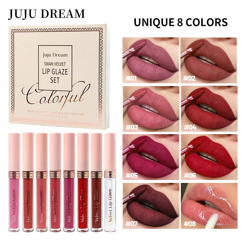 8-Color Matte Lip Gloss Set | One-Swipe, Non-Stick, Long-Lasting Matte Lip Gloss Set Qme