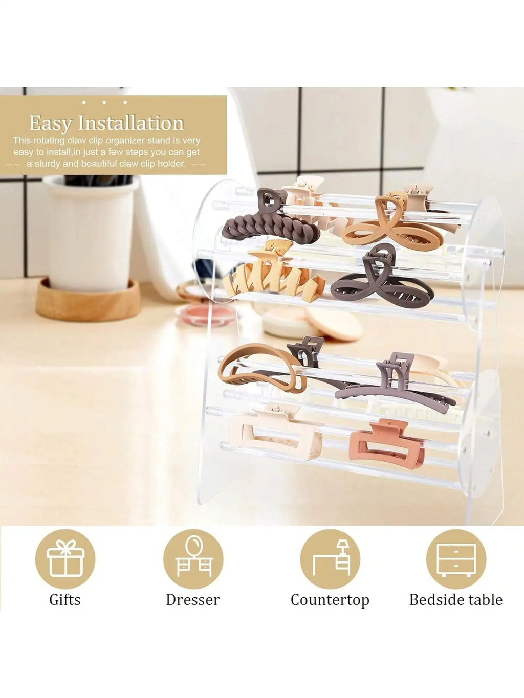 360° Rotating Acrylic Claw Clip Storage Rack & Hair Clip Holder Hair Clip Organizer Qme