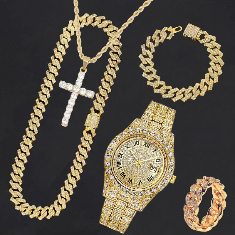 Men's Iced Out Cuban Chain Watch & Bracelet Jewelry Combo Jewelry Combo Set Qme