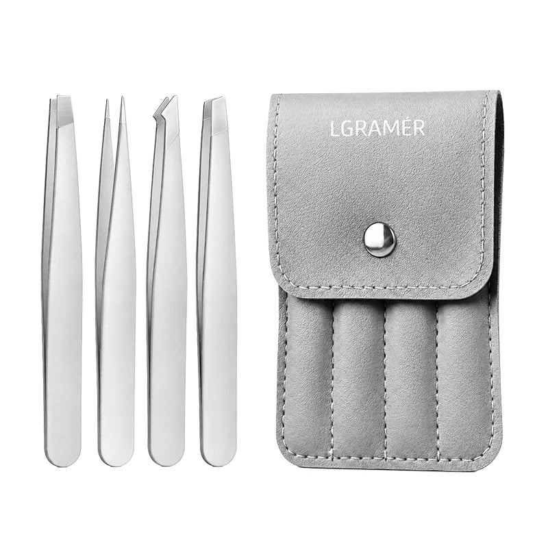 4-Piece Stainless Steel Eyebrow Tweezers Set with PU Case Eyebrow Tweezers Set Qst Silver