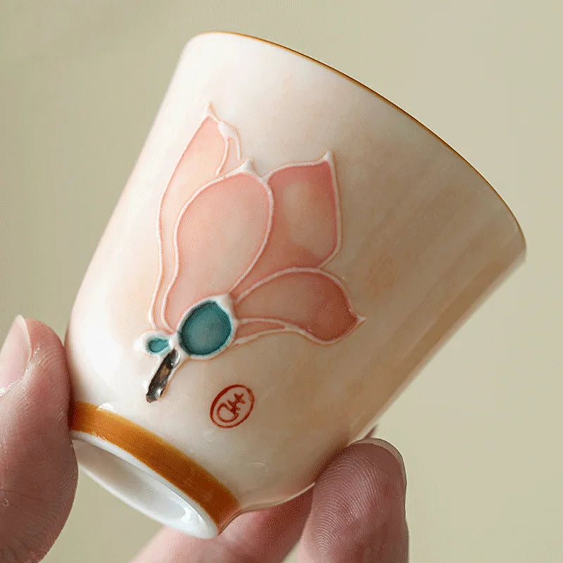Hand Painted Lotus Pastel Ceramic Glazed Tea Cup | 55ml Ceramic Tea Cup Qme