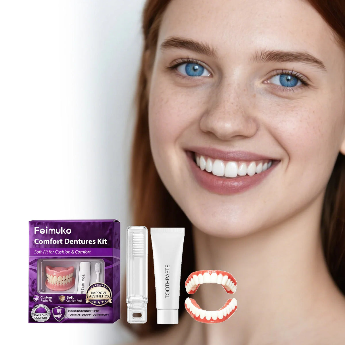 FEIMUKO Silicone Full Dentures Set – Instant Smile Upper & Lower Cosmetic Denture Set Qst