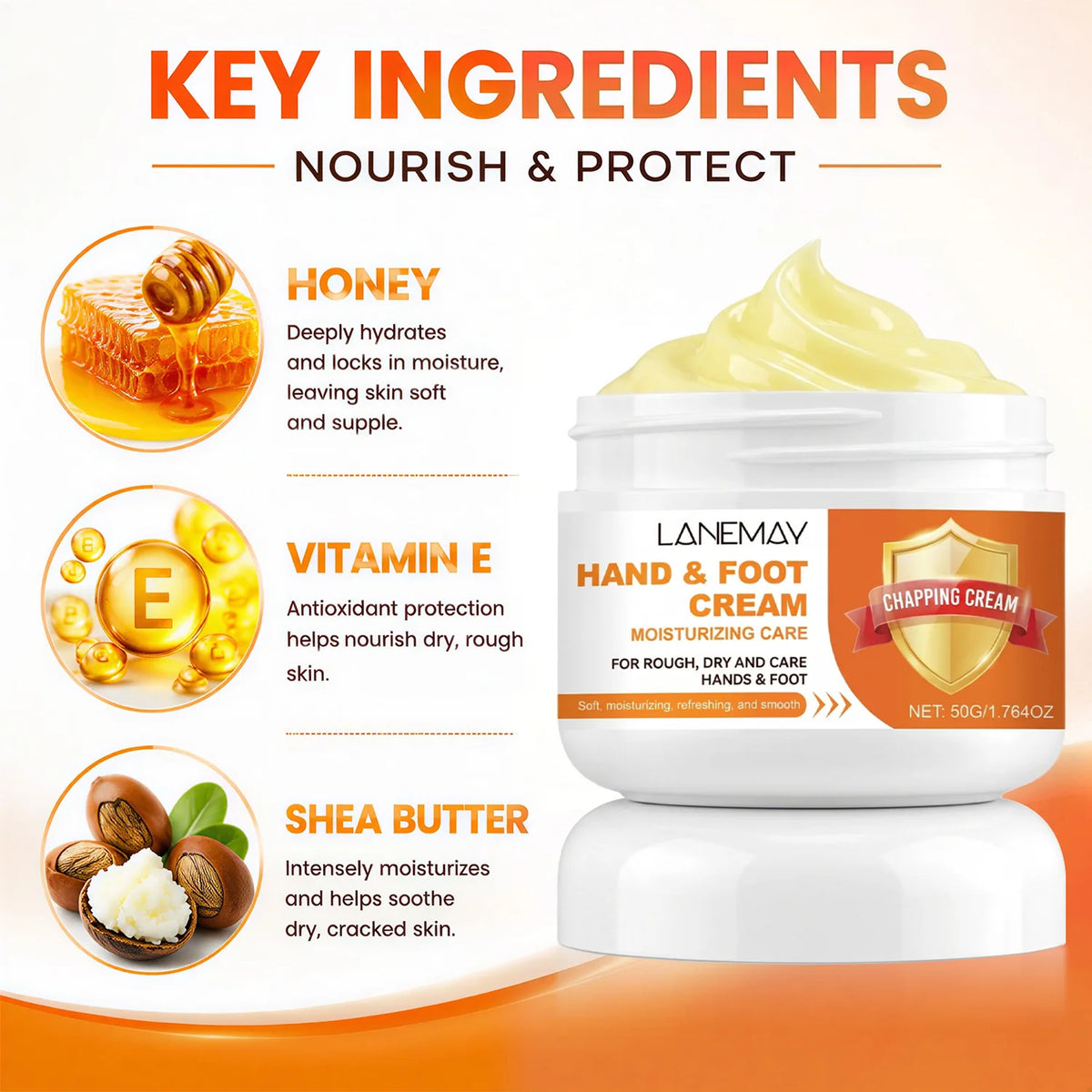 Lanemay Hand & Foot Cream – Honey, Vitamin E & Shea Butter Hand & Foot Cream Qst