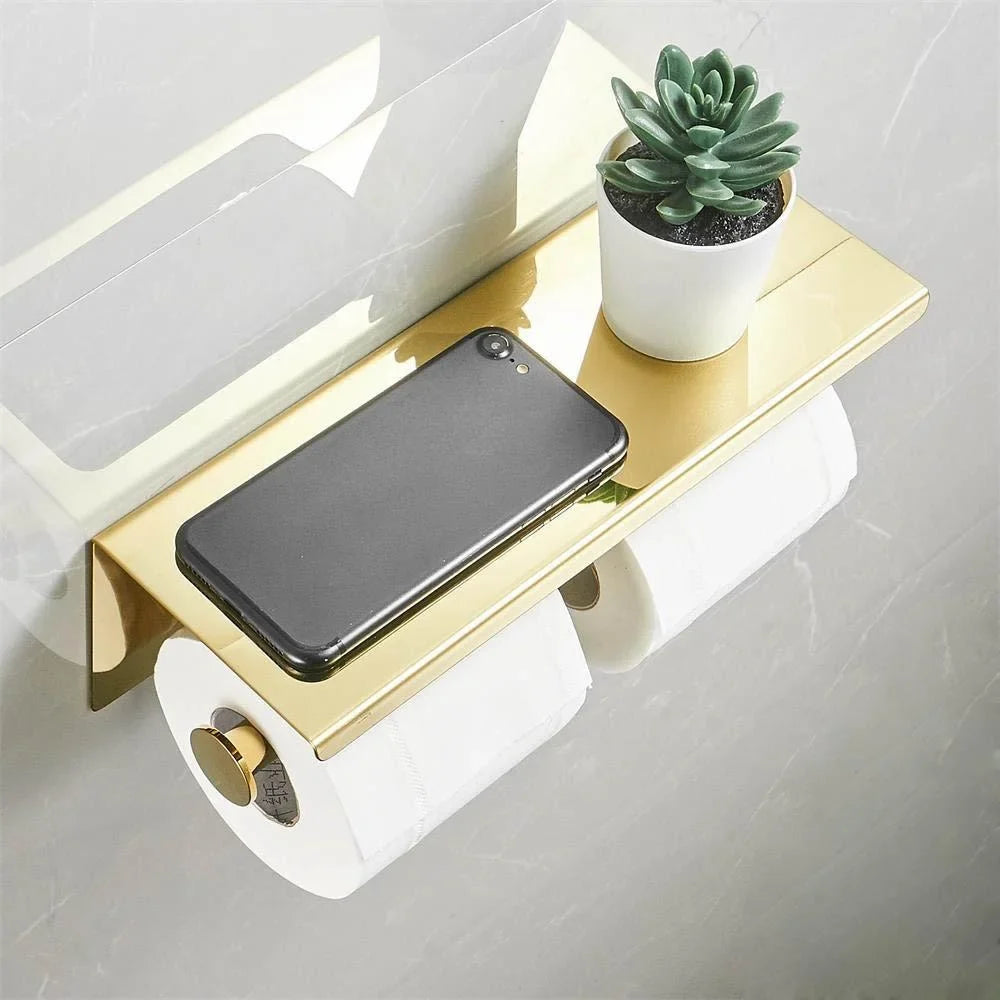 Gold Wall Mounted Toilet Paper Holder with Storage Shelf Toilet Paper Holder Qme