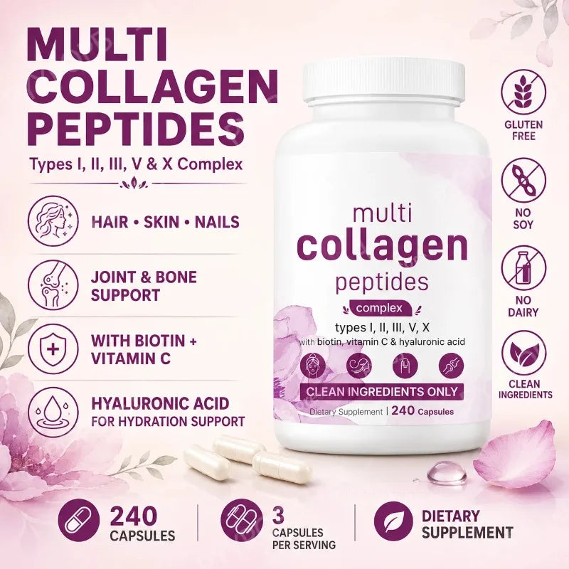 Multi Collagen Peptides Complex 240 Caps – Biotin & Vitamin C Collagen Supplement Qst