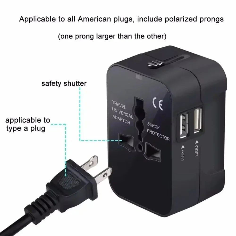 Universal Travel Adapter Dual USB & Type-C | 150+ Countries Travel Power Adapter Qme