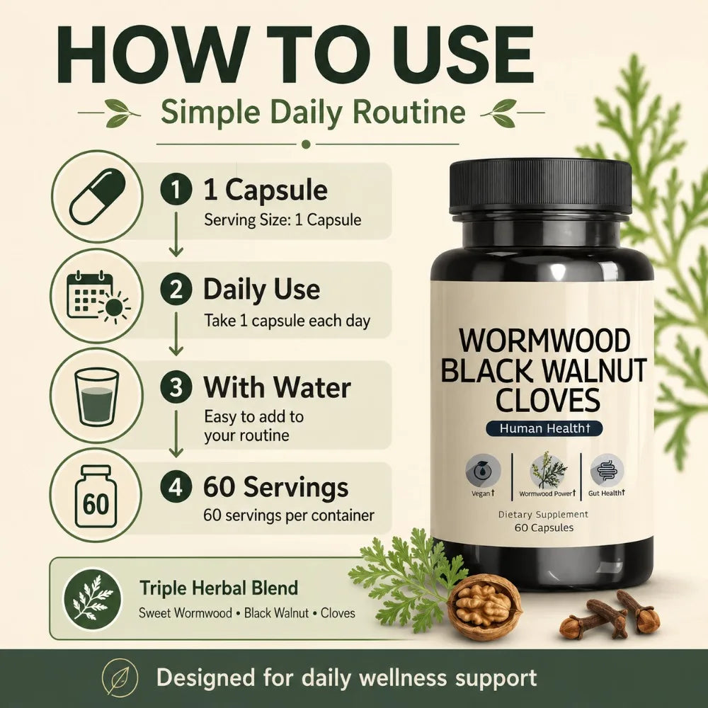 Wormwood Black Walnut Clove Capsules – 3-in-1 Herbal, 60ct Herbal Supplement Qst