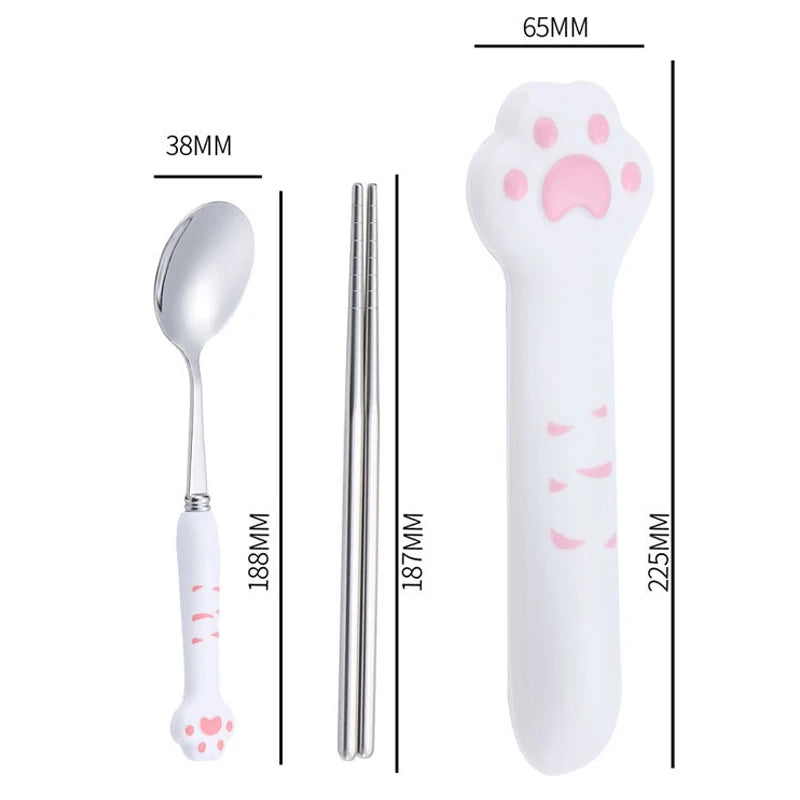 Cute Cat Paw Stainless Steel Cutlery Set with Storage Box Cutlery Set Qst 187mm pink