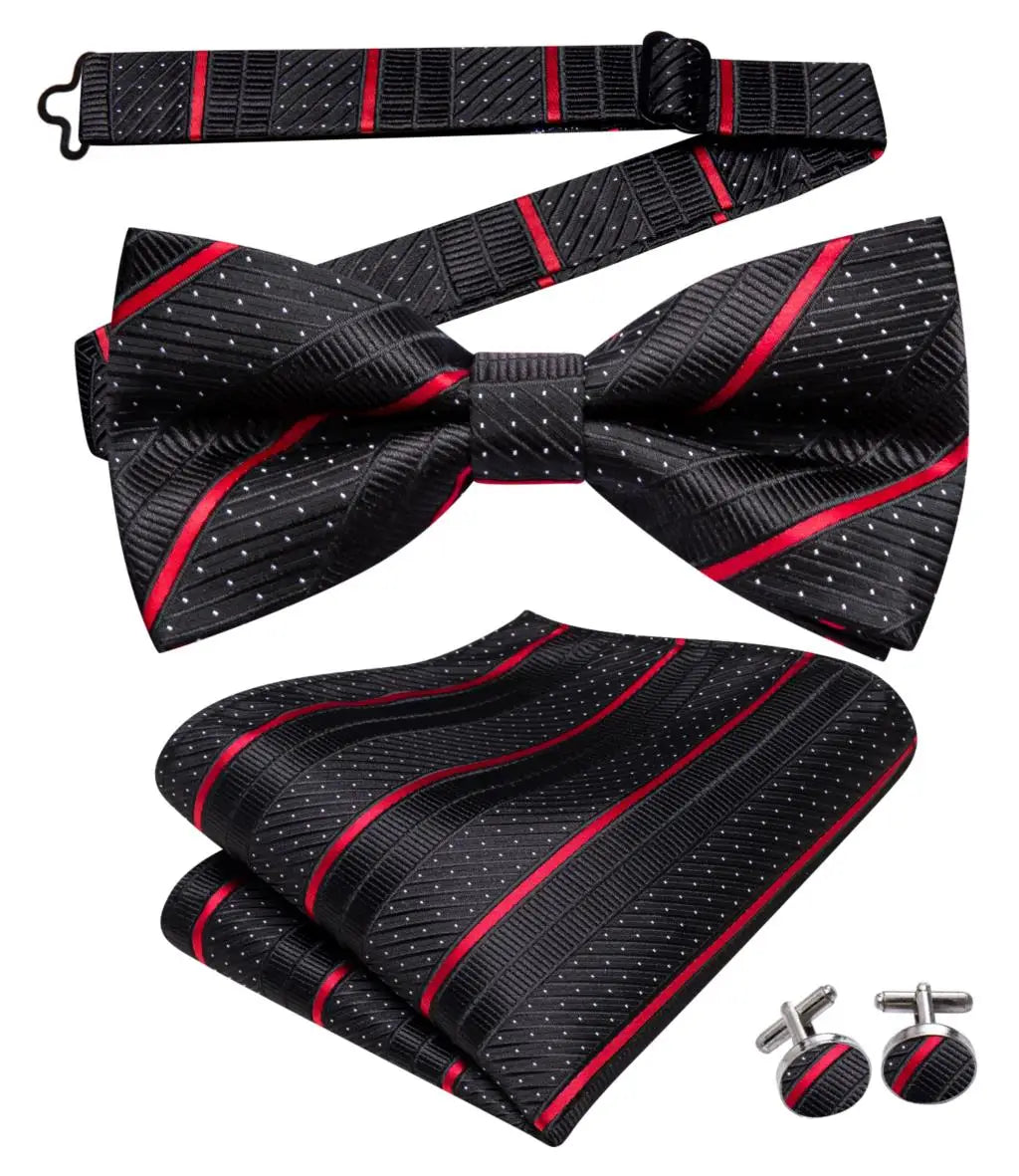 Hi-Tie Striped Black Red Pre-Tied Bow Tie & Cufflinks Set Bow Tie Gift Set Qme