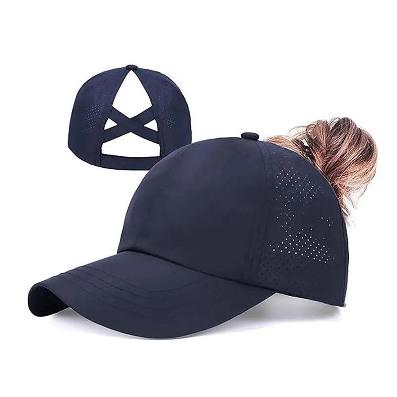 Women's Cross-Mesh Ponytail Baseball Cap – Breathable Sun Hat Ponytail Baseball Cap Qst Navy blue
