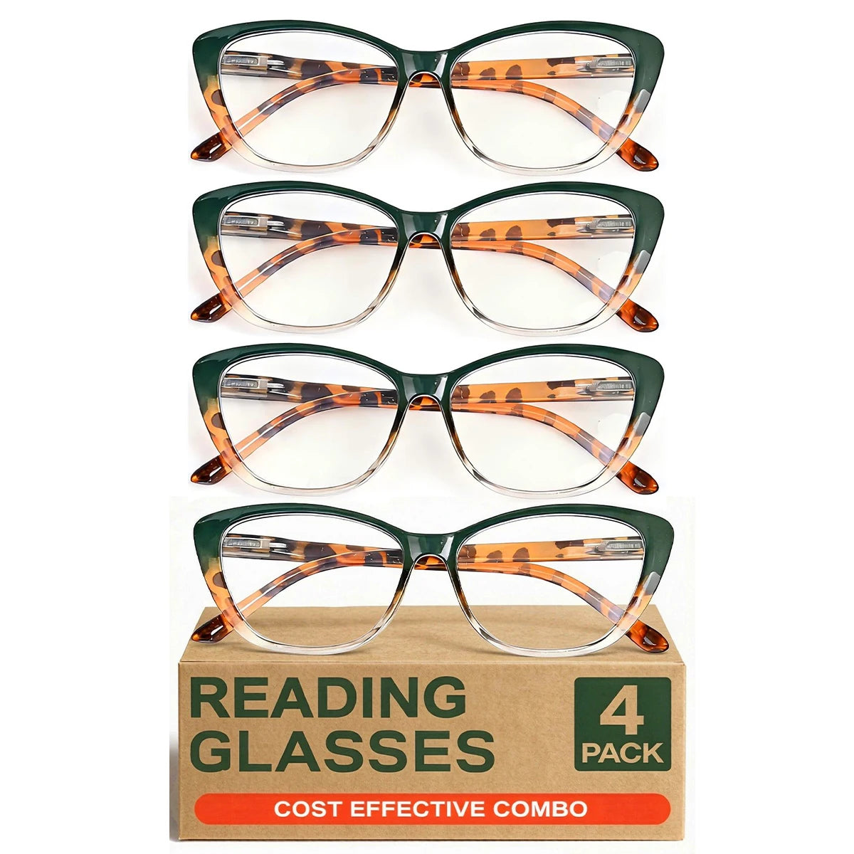 VOPHA Cat-Eye Reading Glasses Anti-Blue Light 4pc Set Reading Glasses Qst 4pcs-Green +300
