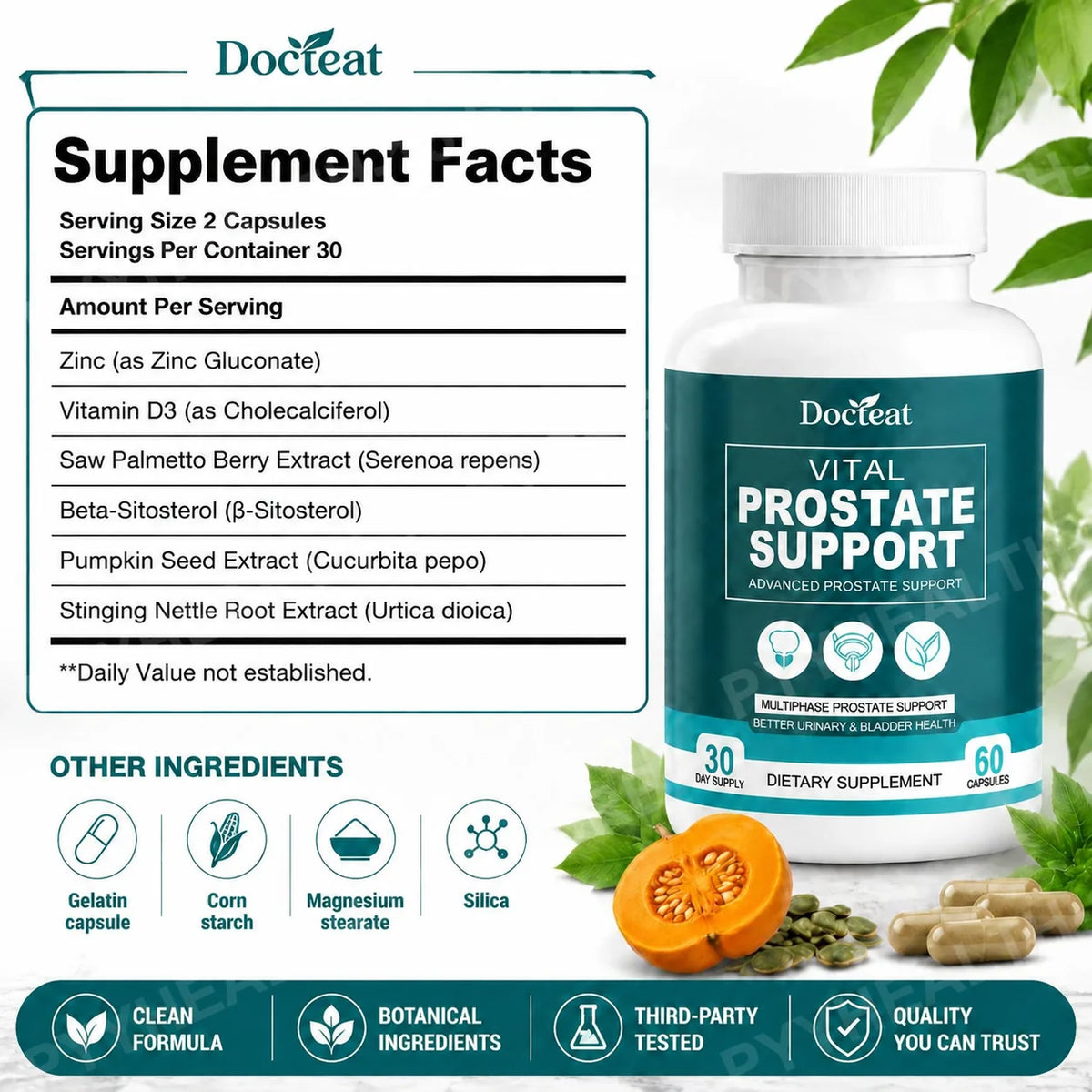 Men's Daily Wellness Capsules – Saw Palmetto, Zinc, Vitamin D3 60ct Men's Wellness Supplement Qst