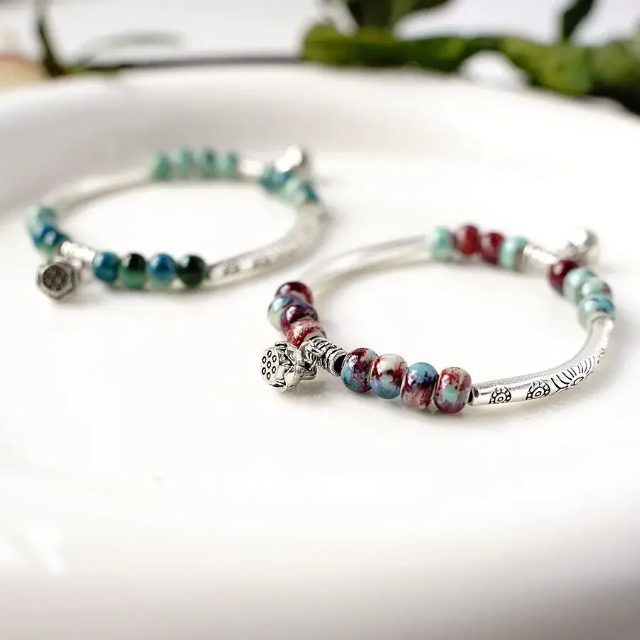 Handmade Ceramic Lotus Bracelet | Boho Pendant Jewelry Ceramic Bracelet Qme