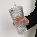 600ml Ribbed Glass Cup with Lid & Straw | Borosilicate Glass Drinkware Set Qme 1PCS 600ML