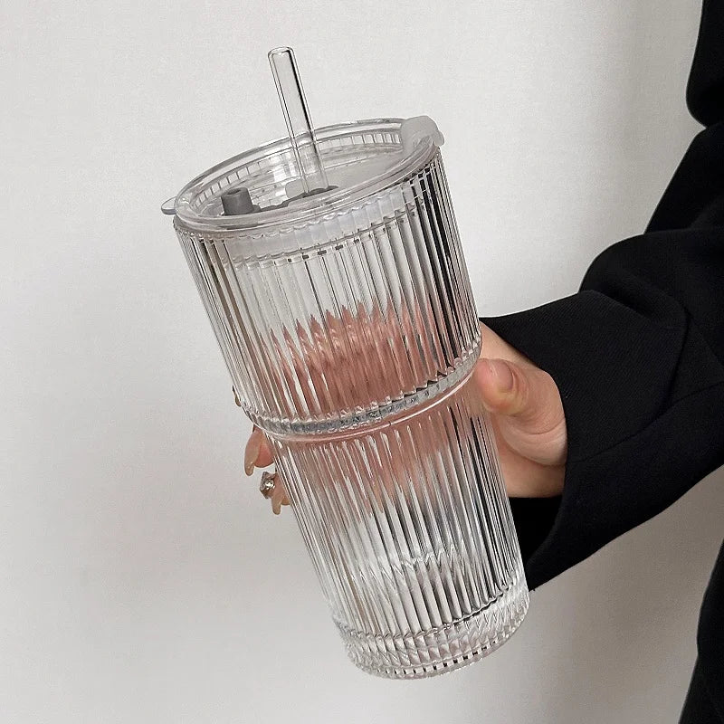 600ml Ribbed Glass Cup with Lid & Straw | Borosilicate Glass Drinkware Set Qme 1PCS 600ML