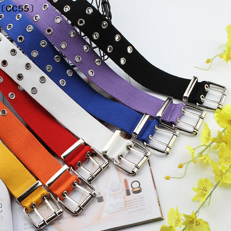 Women's Studded Grommet 2-Row Canvas Pin Buckle Belt 105cm Canvas Fashion Belt Qst