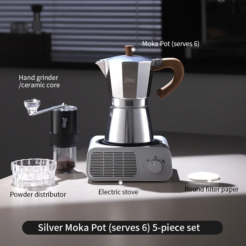 BINCOO Moka Pot Kit – Electric Heater & Manual Grinder Moka Pot Bundle Qst 5pcs Set A-6cups