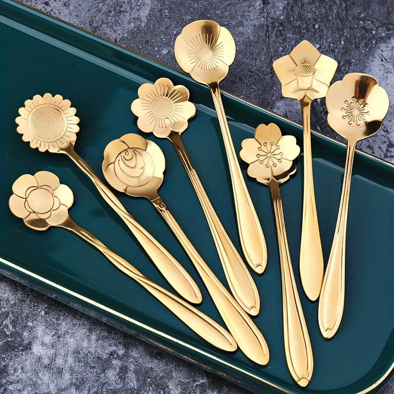 Set of 6 Floral Stainless Steel Teaspoons – Coffee & Dessert Decorative Teaspoon Set Qme
