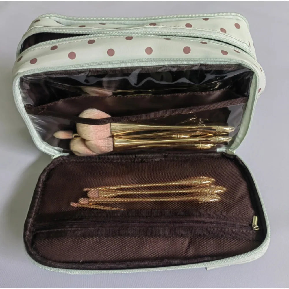 Korean Mint Green Polka Dot PU Leather Makeup Bag – Large Cosmetic Makeup Bag Qme