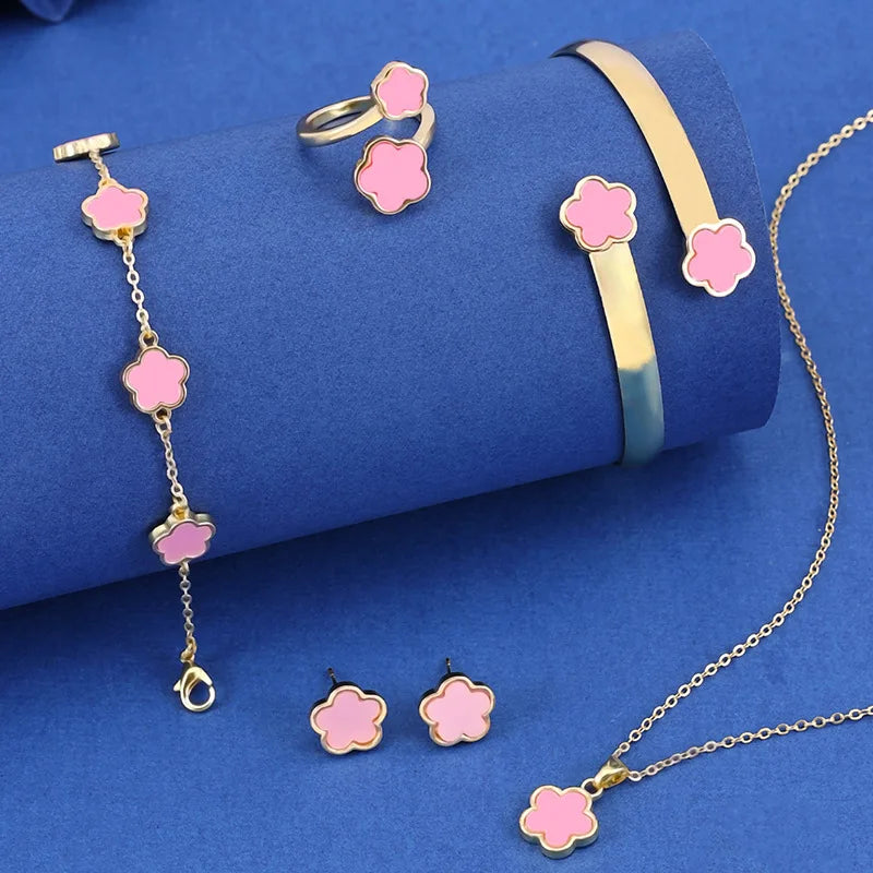Five Leaf Flower Jewelry Set – Bracelet, Necklace, Earrings & Ring Floral Jewelry Set Qme