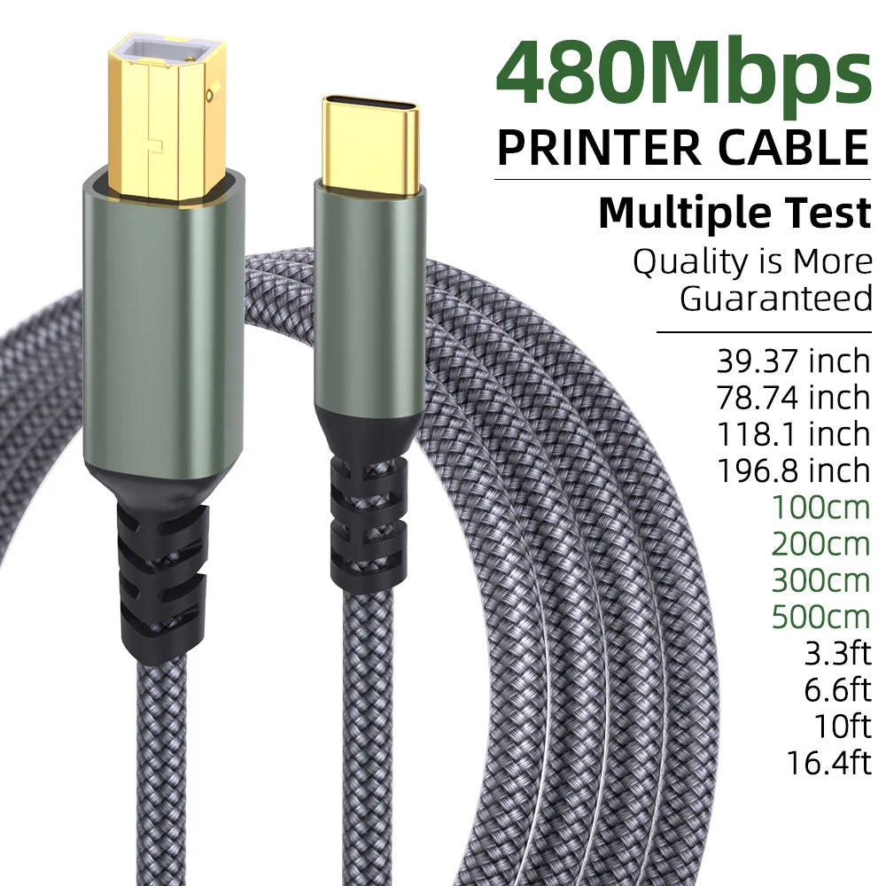 USB-C to USB-B Printer Cable – High-Speed Data Transfer Cord USB Printer Cable Qme Grey 2m
