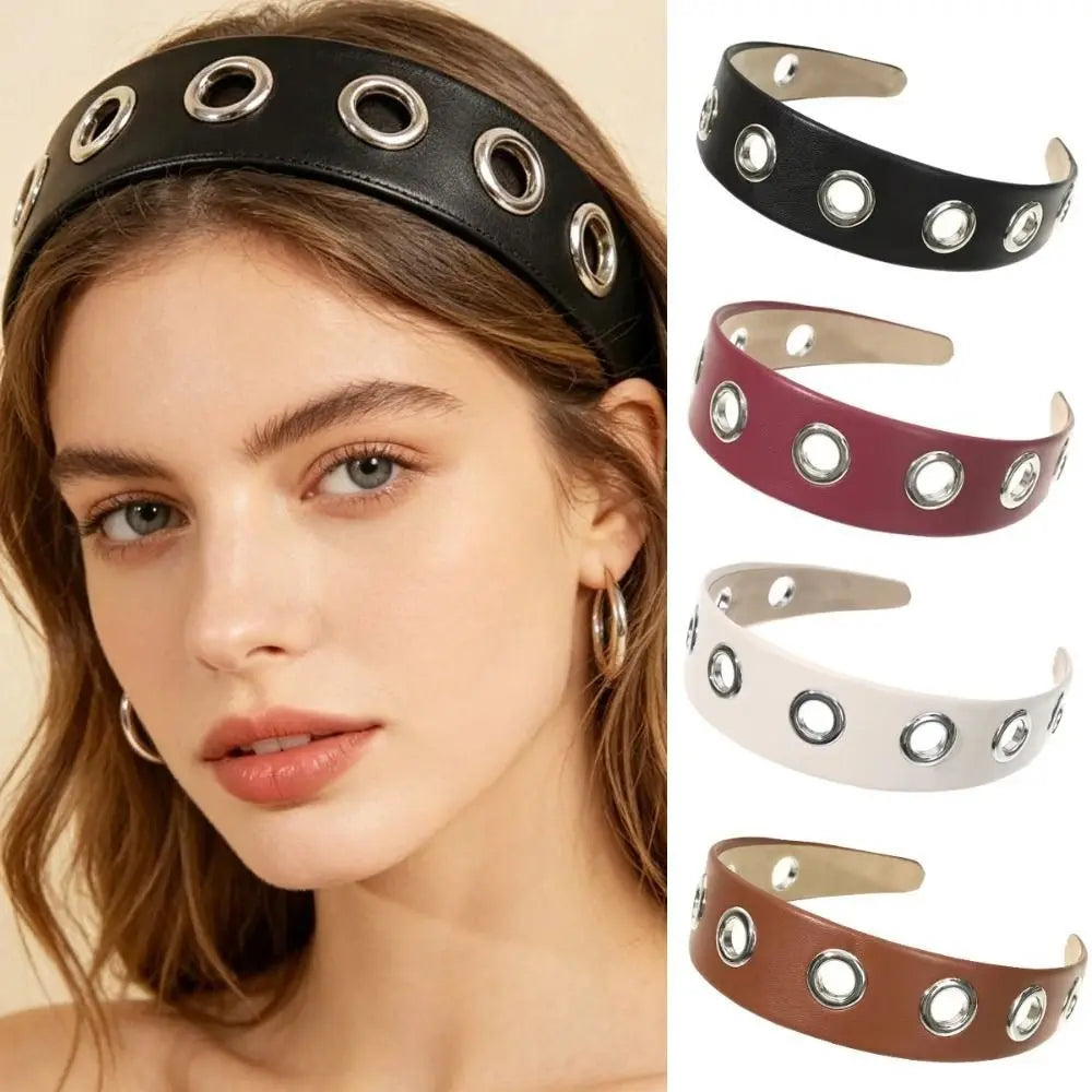 Y2K Hollow Metal Headband Ring – Stretchy Eyelet Wide Band Hair Headband Qme