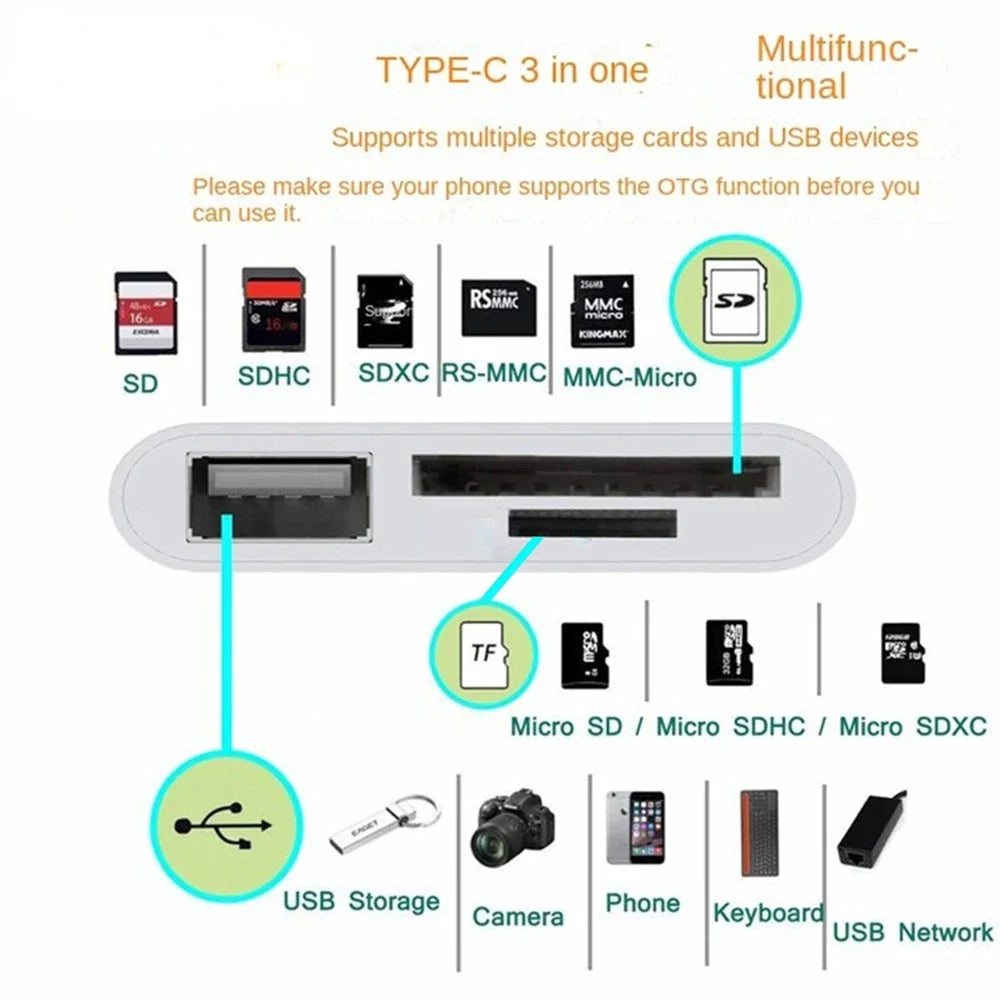 USB-C Multi-Port Card Reader Hub – TF, CF & SD Adapter USB-C Card Reader Hub Qme