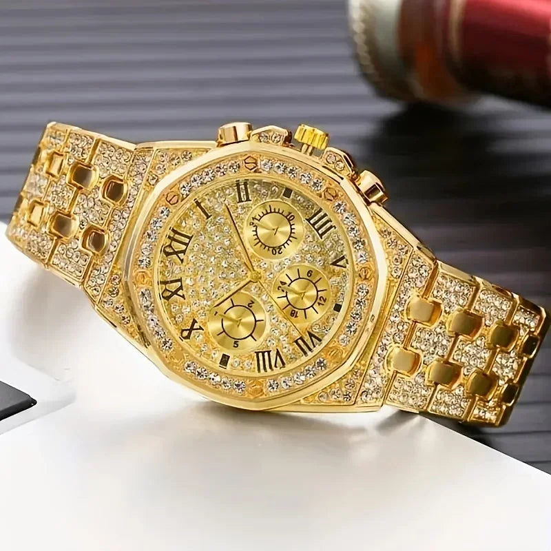 Men's Gold Plated Diamond Chronograph Watch & Cuban Bracelet Chronograph Watch Set Qme