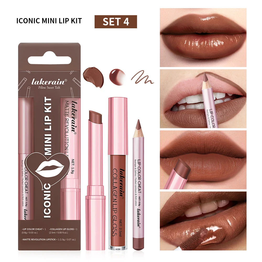 Iconic Mini Lip Kit – Waterproof Lipstick, Liner & Gloss Set Lip Makeup Set Qst 04