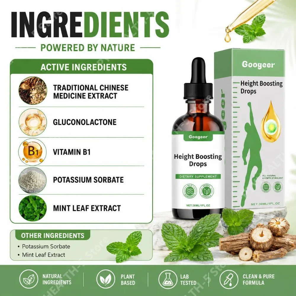 Googeer Height Drops – Vitamin B1, Gluconolactone & Mint 30ml Liquid Vitamin Drops Qst