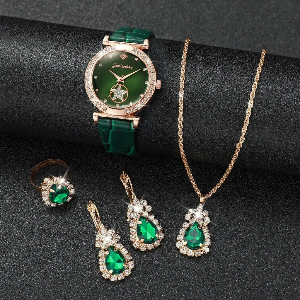 Rose Gold Green Leather Watch & Emerald Crystal Jewelry Set Women's Watch Set Qme
